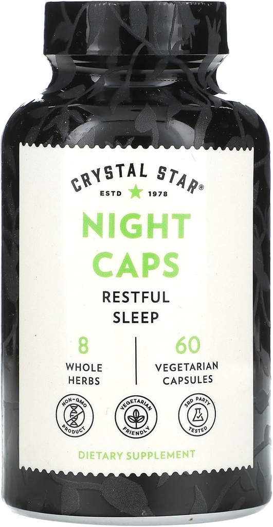Cristal Star Night Caps Natural Sleep Aid Supplement (60 Capsules) – Herbal Non-Habit Forming – Valerian Root, Kava & Passion Flower – Non-GMO