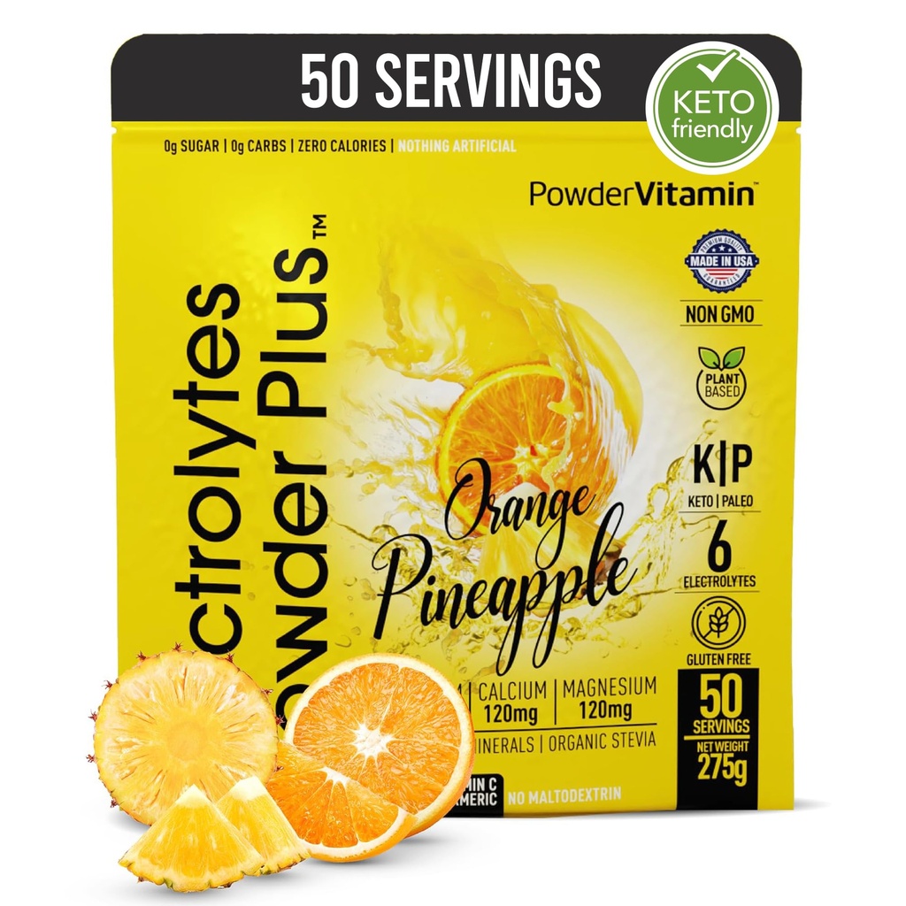 Electrolytes Powder Plus (50 Servings), 0 Calorie Keto, 0 Azúcar, No Maltodextrin,1000mg Potasio,120mg Calcio,120mg Magnesio, Hidratación Polvo (50 Servings, Piña naranja)