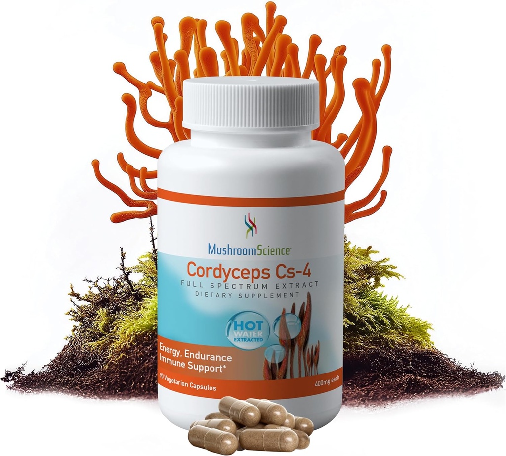 Cortinas de Ciencias de la Seta CS-4 Capsules, Extracto completo del Espectro para la Salud, Energía y Resistencia, Agua caliente extraída, Vegetariano, 400 mg, 90 TC
