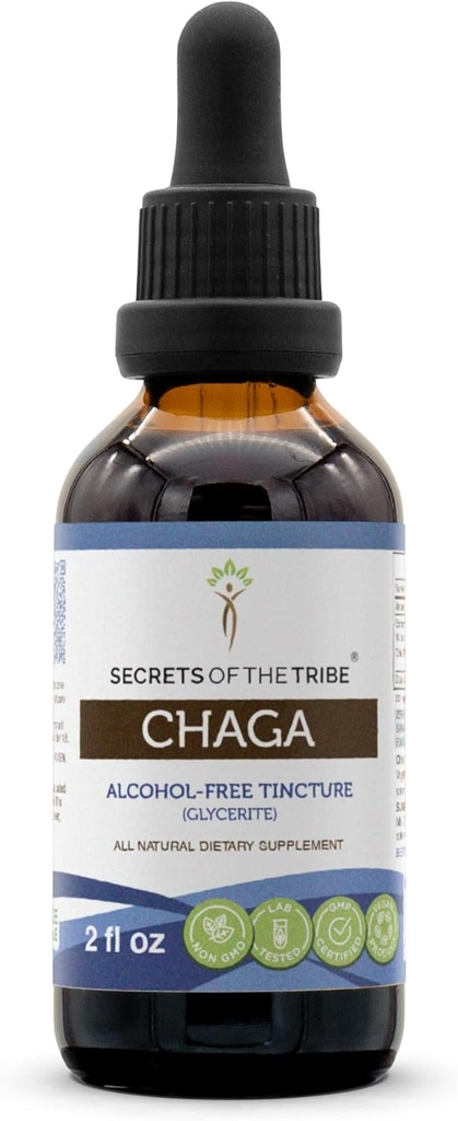 Secretos de la Tribe Chaga Tincture Extracto libre de alcohol, gotas herbales de alta potencia, Tintura hecha de Chaga salvaje (Inonotus obliquus) Seca seca 2 oz