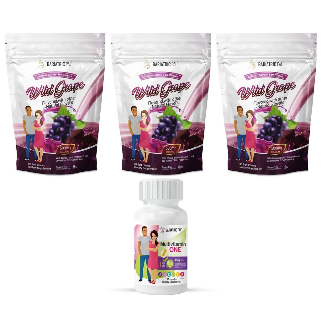 BariatricPal 90-Day Bariatric Vitamin Bundle (Multivitamin ONE 1 por día! Cápsula con 45 mg de hierro y calcio Citratos suaves 500 mg con Probióticos - Grano salvaje)