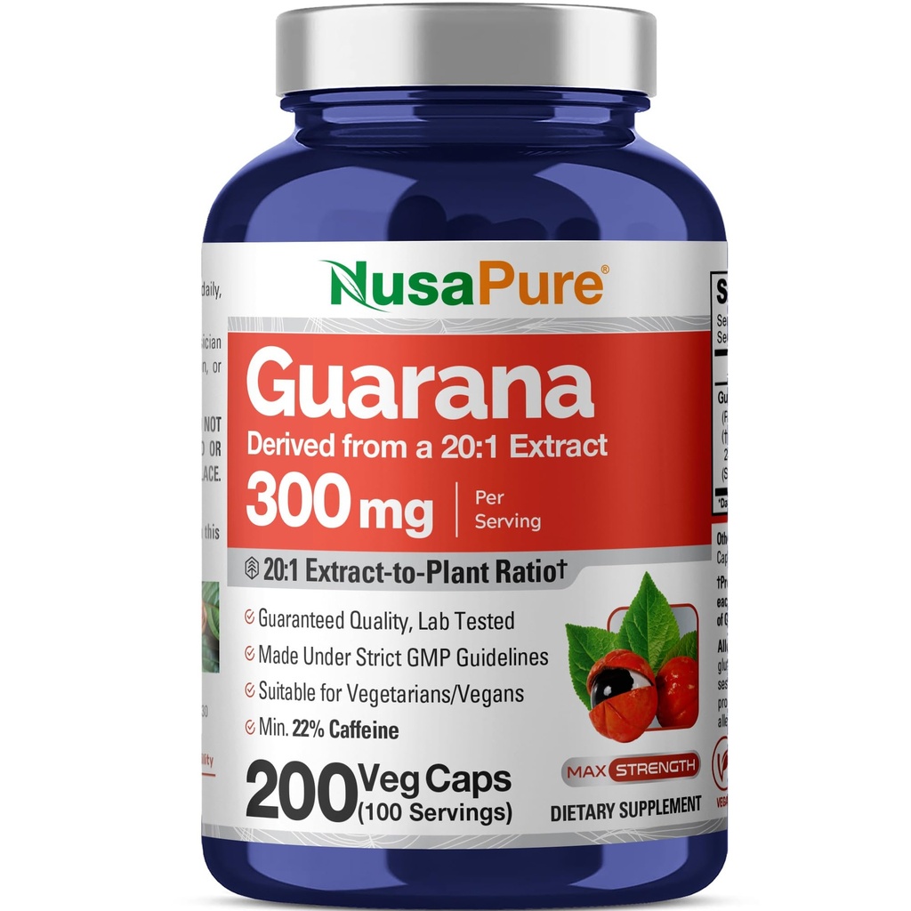 NusaPure Guarana Extracto 20:1 Extracto, 300 mg Equivalente a 6.000 mg por Veggie Caps 200 Conde (No-GMO, Vegan)