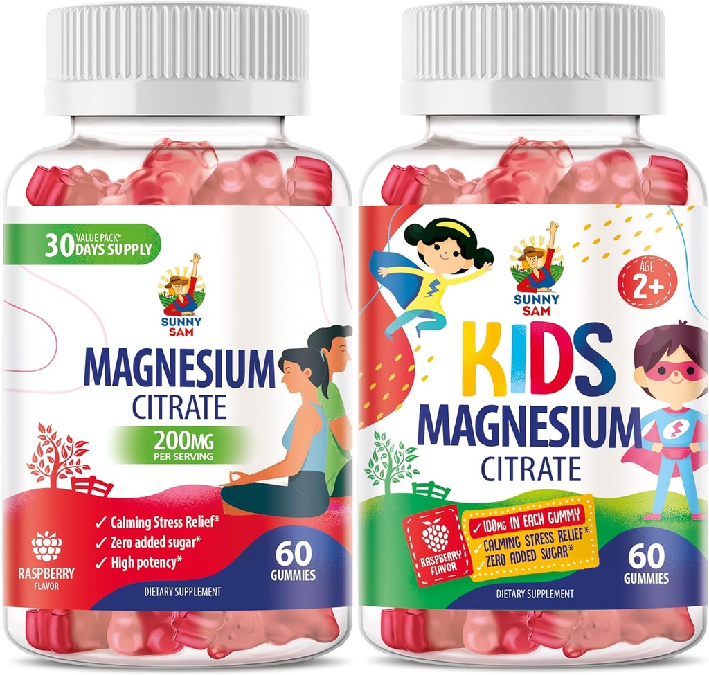 SUNNY SAM Magnesium Gummies para Adultos Niños - 200mg - Magnesio calmado Chews - Citrato de magnesio Suplemento Chewable para Mood & Muscle Support