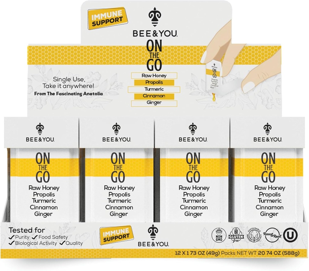 Bee and You On The Go, Immune Support Supplement, Raw Honey, Propolis, Turmeric, Cinnamon, Ginger, Superfrood, Great Tasting, for Kids and Adults, 12 Pack, 1,73 oz