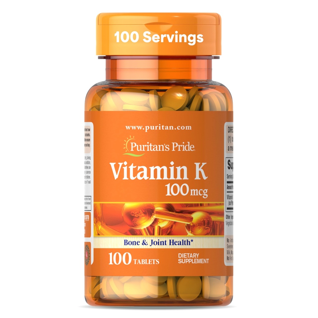 Pride Premium de Puritan Vitamina K 100mcg, Suplemento dietético para bonificación, articulación y cierre de sangre Apoyo a la salud, 100 Day Supply, 100 Tablets