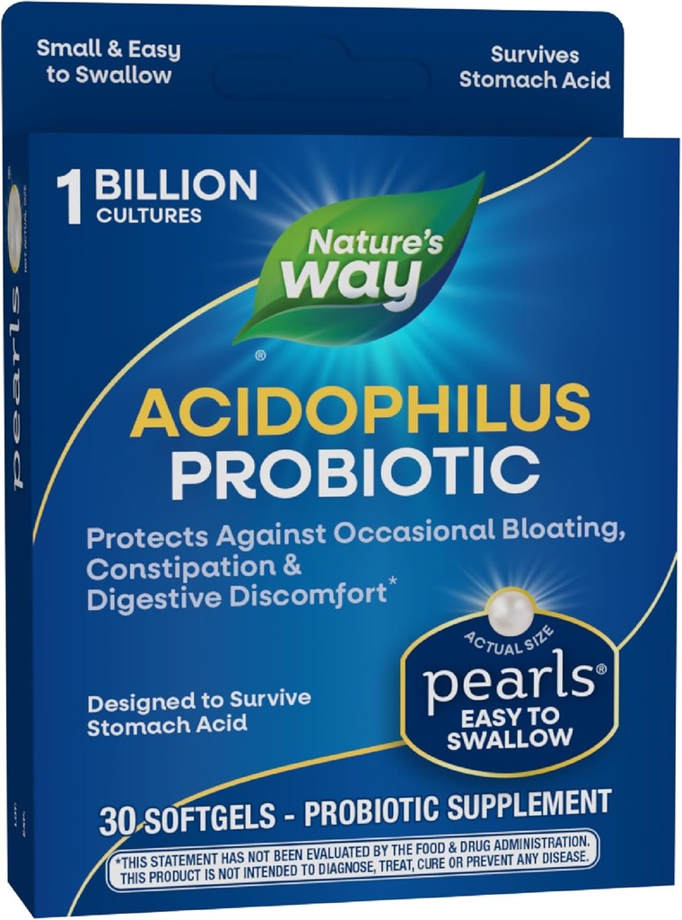 Manera de la naturaleza Acidophilus Perlas Probióticas, apoya el equilibrio digestivo " Salud Gut, reduce el estreñimiento ocasional y el rubor*, 1 mil millones de culturas, 30 Softgels
