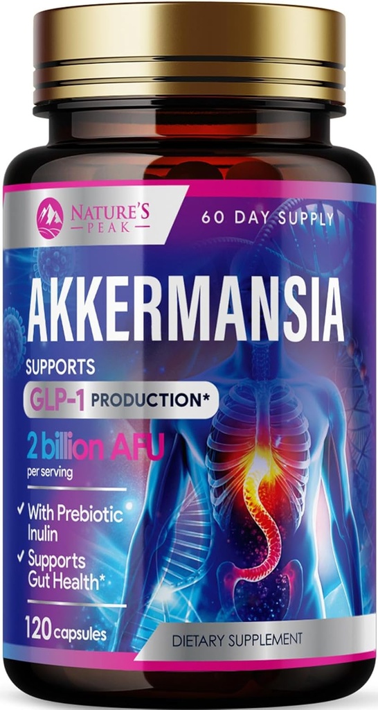 Akkermansia Probiotic Supplement - 2 Billion AFU GLP-1 Suplemento con fibra prebiótica - Akkermansia Muciniphila GLP-1 Probióticos para hombres de mujeres - Digestivo, Gut & Immune Support - 120 cápsulas