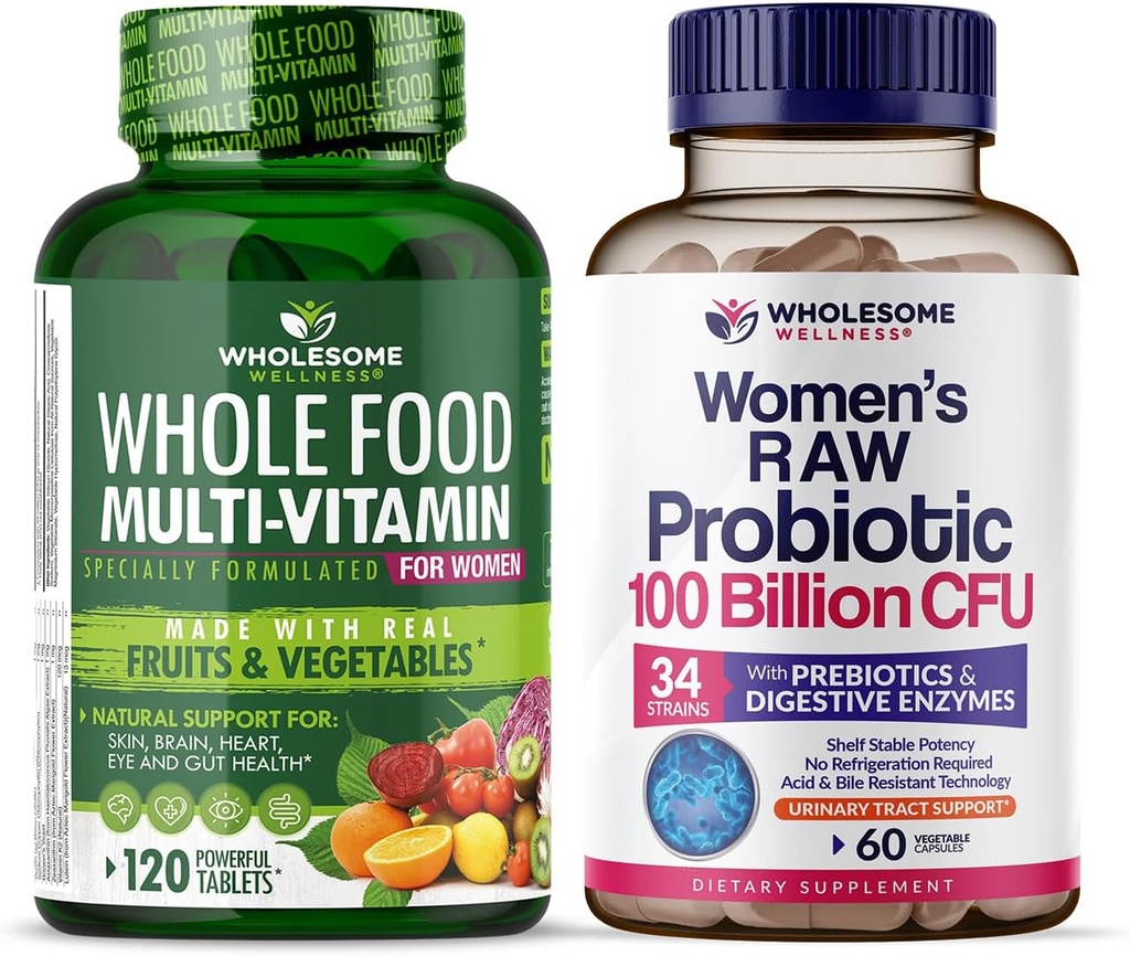 Multivitamina de alimentación integral para mujeres - Vitaminas Multi Naturales, Minerales, Extractos Orgánicos + Dr. Probióticos Raw Formulados para Mujeres 100 millones de UF con Prebióticos Bundle