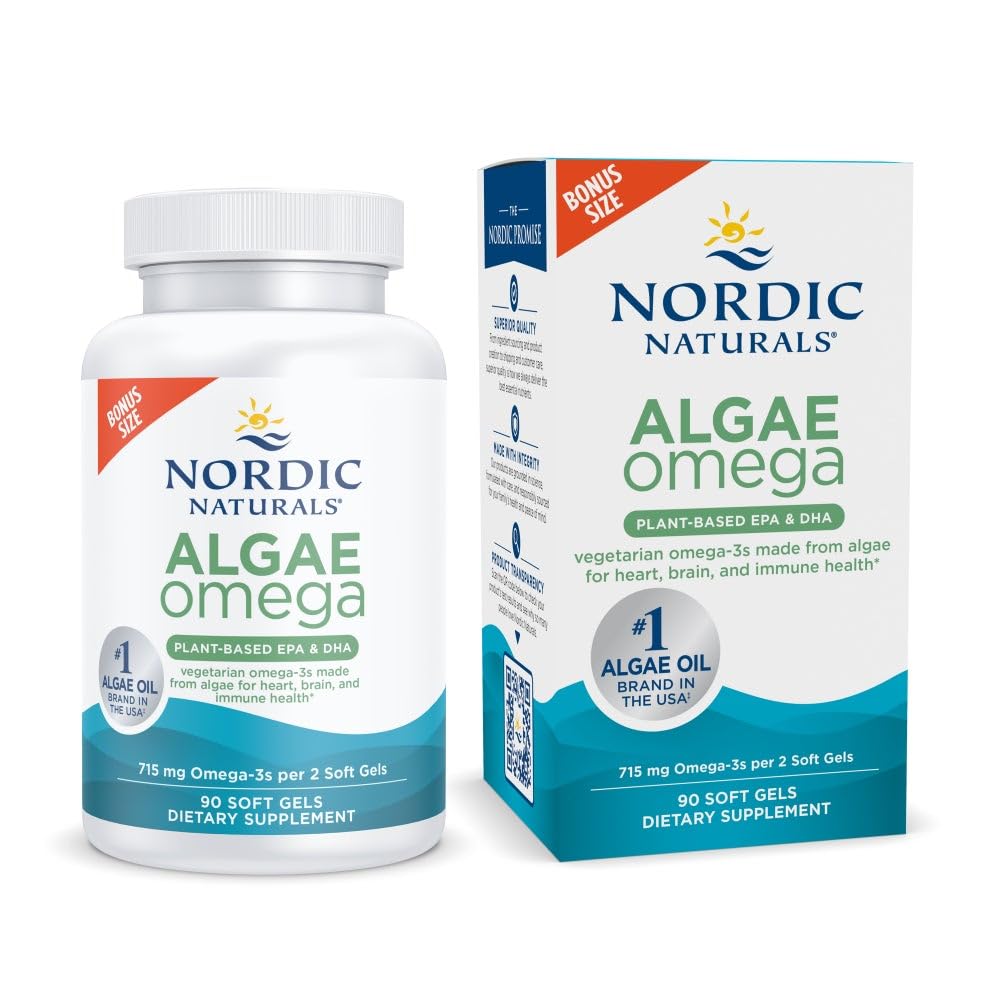 Nordic Naturals Algae Omega - 90 Soft Gels - 715 mg Omega-3 - Certified Vegan Algae Oil - Plant-Based EPA &amp; DHA - Heart, Eye, Immune & Brain Health - Non-GMO - 45 Serving