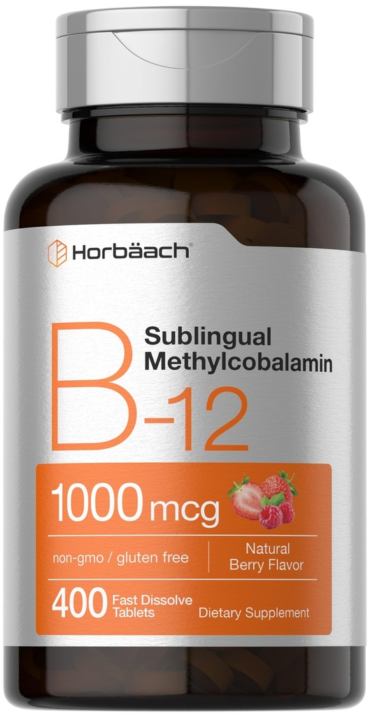 Horbaach Vitamina B12 1000 mcg Sublingual ← 400 Fast Dissolve Tablets ← Methylcobalamin Suplemento para Mujeres y Hombres ← Berry Flavor ← Vegan, Non-GMO, y Gluten Free