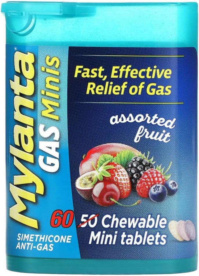 Mylanta Gas Relief Tablets, Gas Minis, Frutas surtidas, 60 Cuenta (Pack of 1)