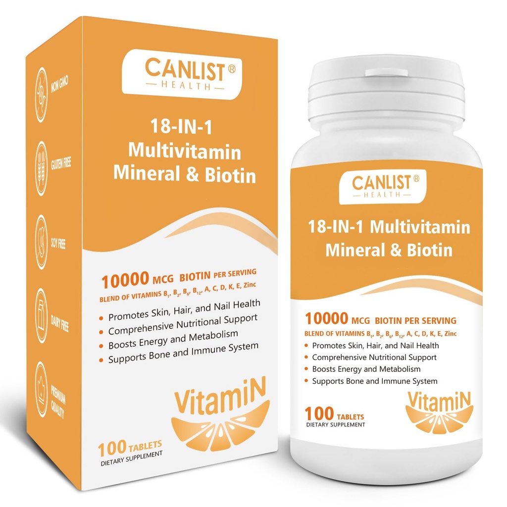 Piel de pelo y uñas Multi-Vitamin para Hombres &amp; Mujeres, 10000mcg Biotina & Multimineral, Contiene B-Vitamins, Vitaminas C, E &amp; D3, Trace Minerals, Zinc, Sin gluten, Libre de lácteos, Libre de soja, 100 Tabletas