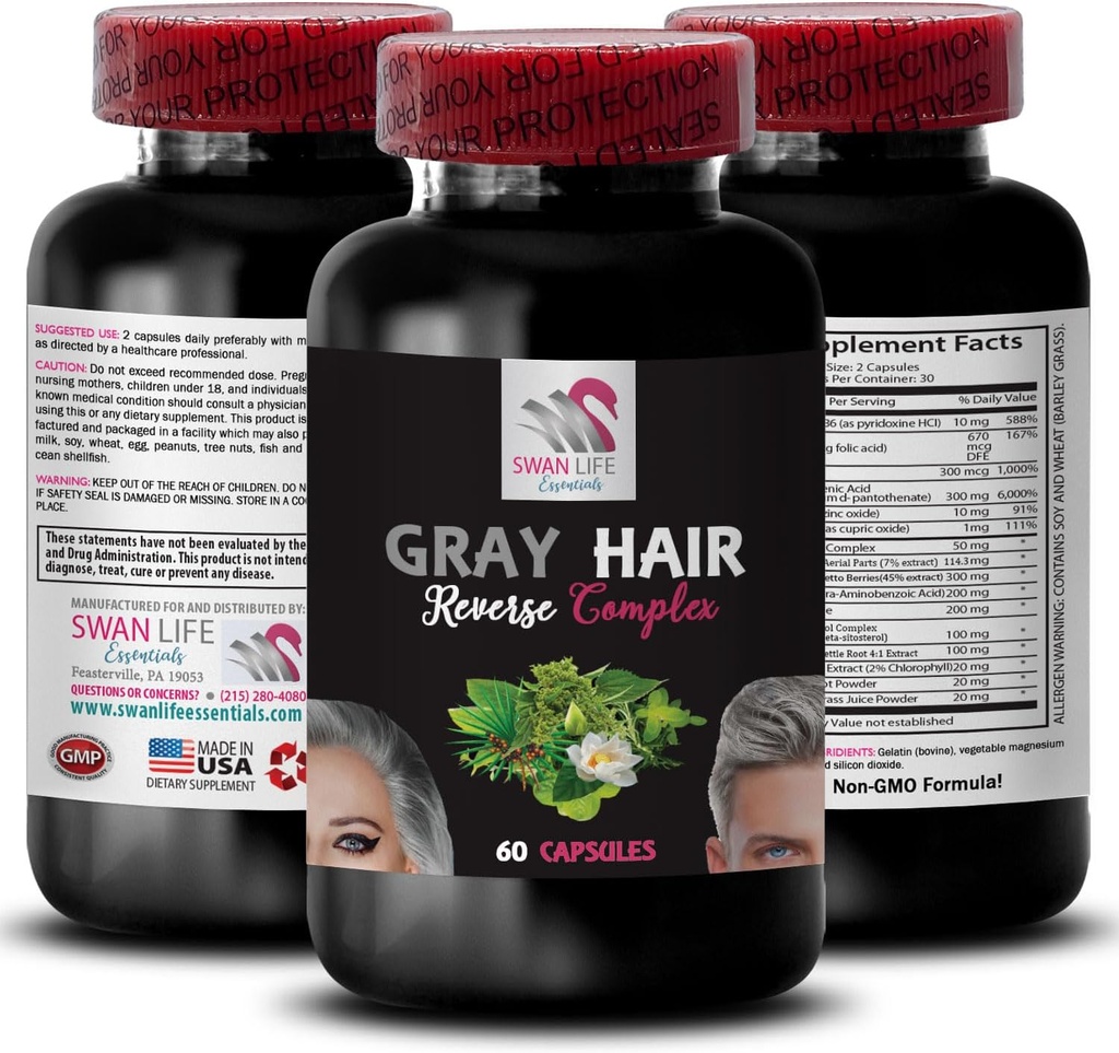 Complejo de Sterol - Gris Hair Reverse - Color Refresh, Pelo animado, Brilliance del cabello, Shade natural, Vitalidad de color, Renovador del pigmento del cabello, Tono fresco, Revitalización del cabello 1 Botella 60 cápsulas