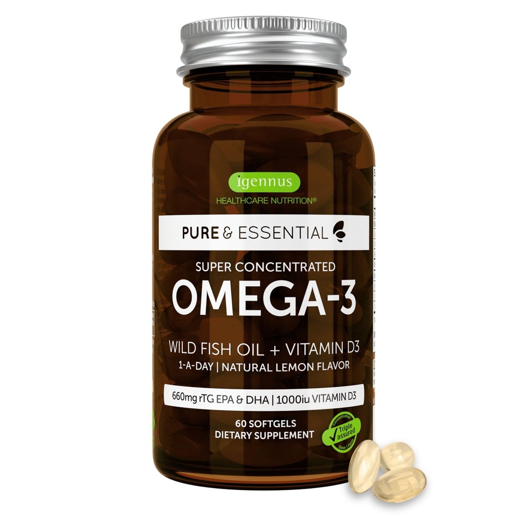 Igennus Advanced rTG Omega-3 IFOS Certified Wild Fish Oil & Vitamin D3, 1-a-Day, Fatty Acids EPA & DHA, Fast-Acting Triglyceride Form, Ultra Pure " Non-GMO, 60 Softgels