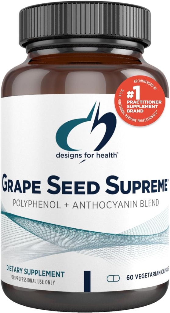 Diseños para la semilla de la uva de la salud Supremo - 200 mg Suplemento de extracto de la uva con la piel de la uva + hierba de la muscadina - Polifenol no GMO + Anthocyanin Antioxidante Blend (60 cápsulas)