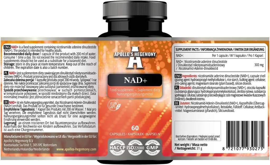 APOLLO'S HEGEMONY NAD + 300 mg - Forma coenzimática de vitamina B3-60 cápsulas vegas - 2 meses de suministro - Nicotinamide Adenine Dinucleótido Dieta Suplemento