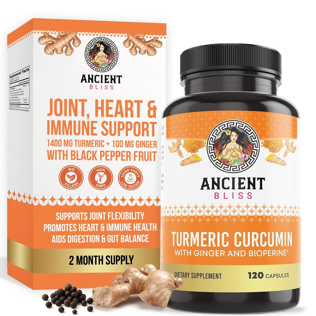 Curcumina Turmérica con Ginger &amp; Bioperine, Curcumina Turmérica con Pimienta Negra &amp; Cueva de Polvo de Ginger crudo Suplemento por la Bienaventuranza Antigua (120 cápsulas)