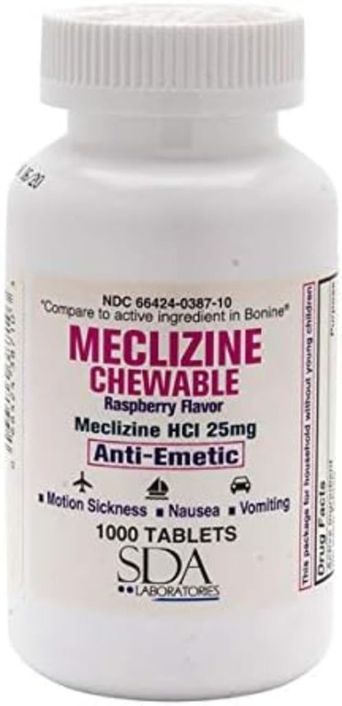 SDA LABORATORIES Meclizine Chewable Tablets, 25mg, Anti-Emetic, Raspberry Flavor, Motion Sickness &amp; Vertigo Relief for Nausea, Dizziness, and Vomiting, 1000 Count (1 Pack)