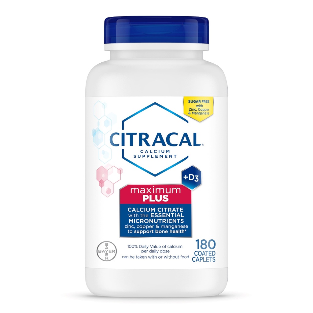 Suplemento Citracal Máximo Más Calcio - Citrato de Calcio con Vitamina D3, Zinc, " Minerales Esenciales para el Soporte de Salud de Huesos, Edades 12+, 180 Conde (Paquete Mayo Vary)