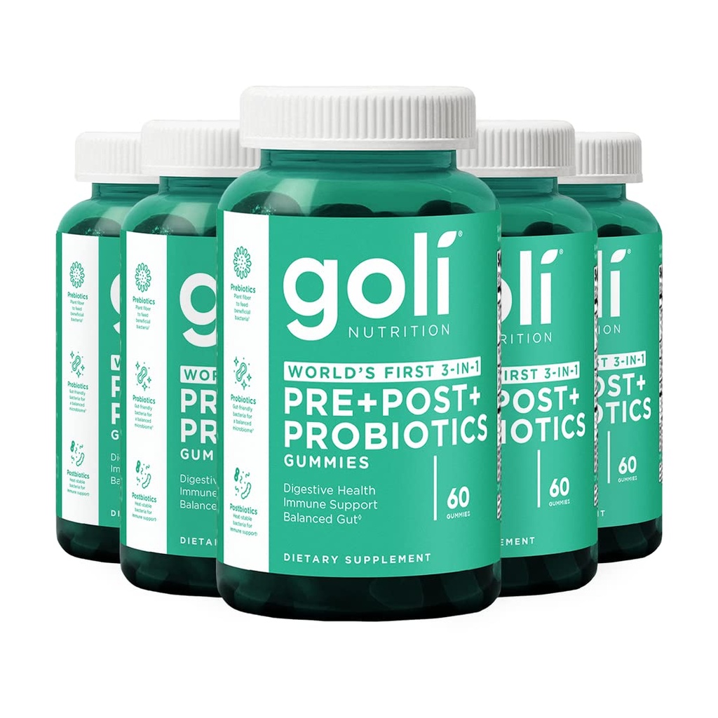 Suplemento Nutricional Goli, Pre+Post+Probióticos Gummy - 300 Cuenta - Primer 3-en-1 Gluten-Free, Vegan, Non-GMO, y Gelatin-Free.