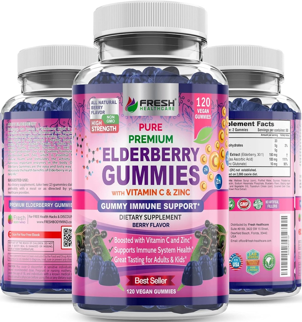 FRESH HEALTHCARE Mangas de arándano con vitamina C, Zinc & Sambucus Elderberry 30:1 Extracto - 100% Vegan - Apoyo inmunitario para adultos & niños - 120 Conde Gummy Suplemento