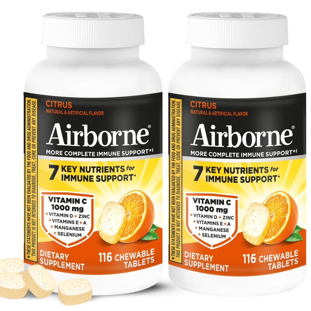 Airborne 1000mg Vitamina C + Zinc Immune Support Suplemento Chewable Tablets, Citrus Flavor con potentes antioxidantes Vitaminas A C &amp; E, 116 Chewable Tablets (2 Pack)