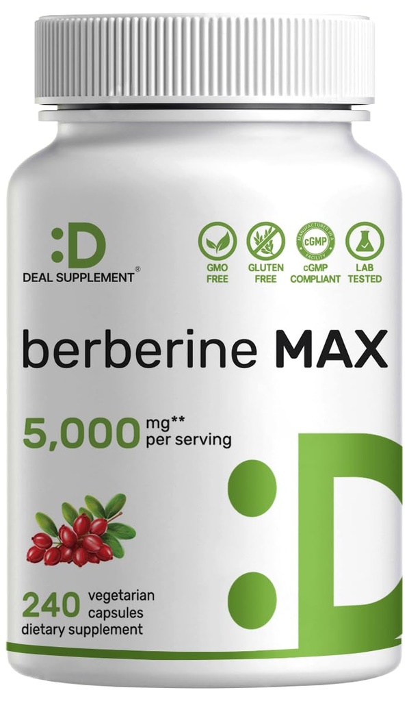 SUPLEMENTO DEAL Berberine Max Suplemento con Turmeric, 5,000mg Por Serving, 240 cápsulas vegetarianas – 97% Pura Berberina HCl – 20:1 Extracto Turmérico Root – Vegetariano Amistad, No GMO