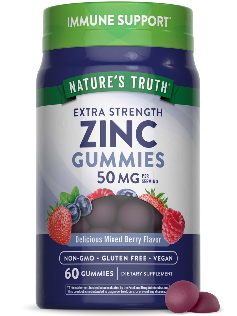La verdad de la naturaleza Zinc Gummies for Adults TEN 50 mg TENED 60 Conde TENGA Vegan, No GMO &amp; Gluten Free Extra Strength Supplement ANTE Mixed Berry Flavor