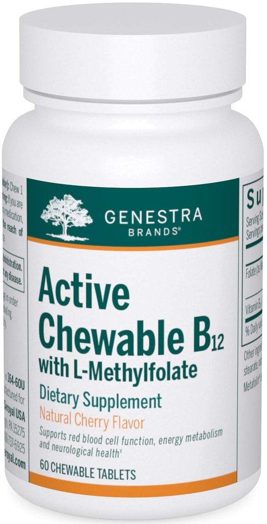 Genestra Marcas Active Chewable B12 con L-Methylfolate  durable Chewable Vitamin B12 y Folate Suplemento ← 60 Chewable Tablets latitud natural Cherry Flavor