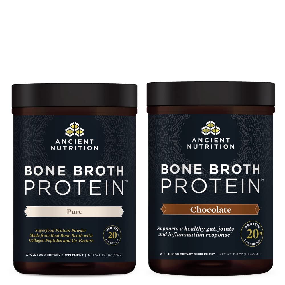 Antigua Nutrición Bono Broto Proteína Polvo, Puro, 20 Servimientos + Bono Broth Protein Polvo, Chocolate, 20 Servimientos