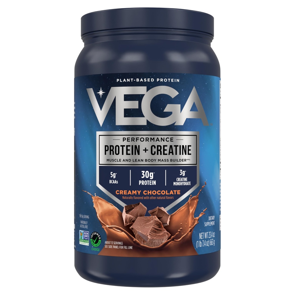 Vega Proteína + Creatina - 30g Proteína de base vegetal, Chocolate, 13 Servings, 3g Creatine, 5g BCAAs, Vegan, Keto, Gluten Gratis, Dairy Free, Low Carb, para el crecimiento muscular &amp; Reparación, Bebida Mix, 23.4oz