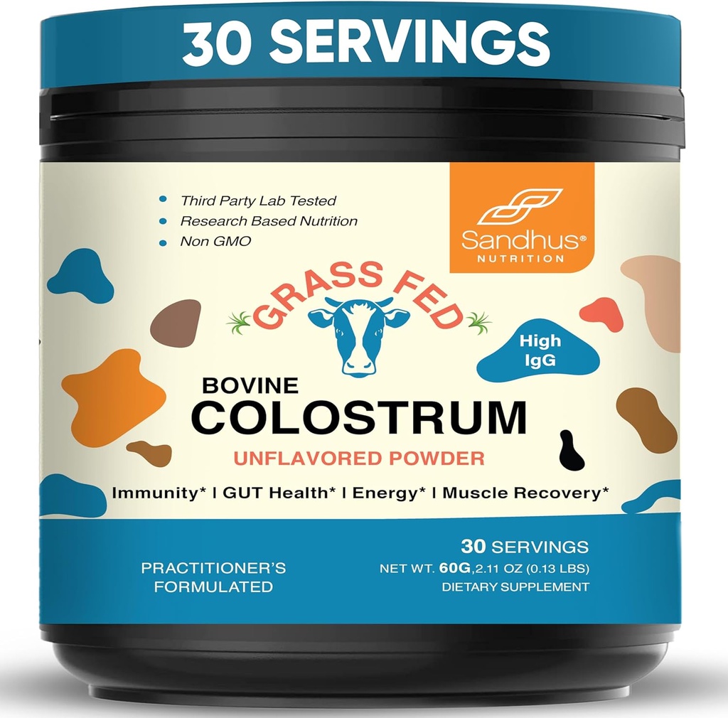 Sandhu's Grass Fed Bovine Colostrum Powder for Humans, Adults tención 30 Servings (Pack of 1) Cows Supplement ⋅ High IgG for Gut Health ← Inmunity & Muscle Recovery Support ← Desflavored Silencio for Men & Women