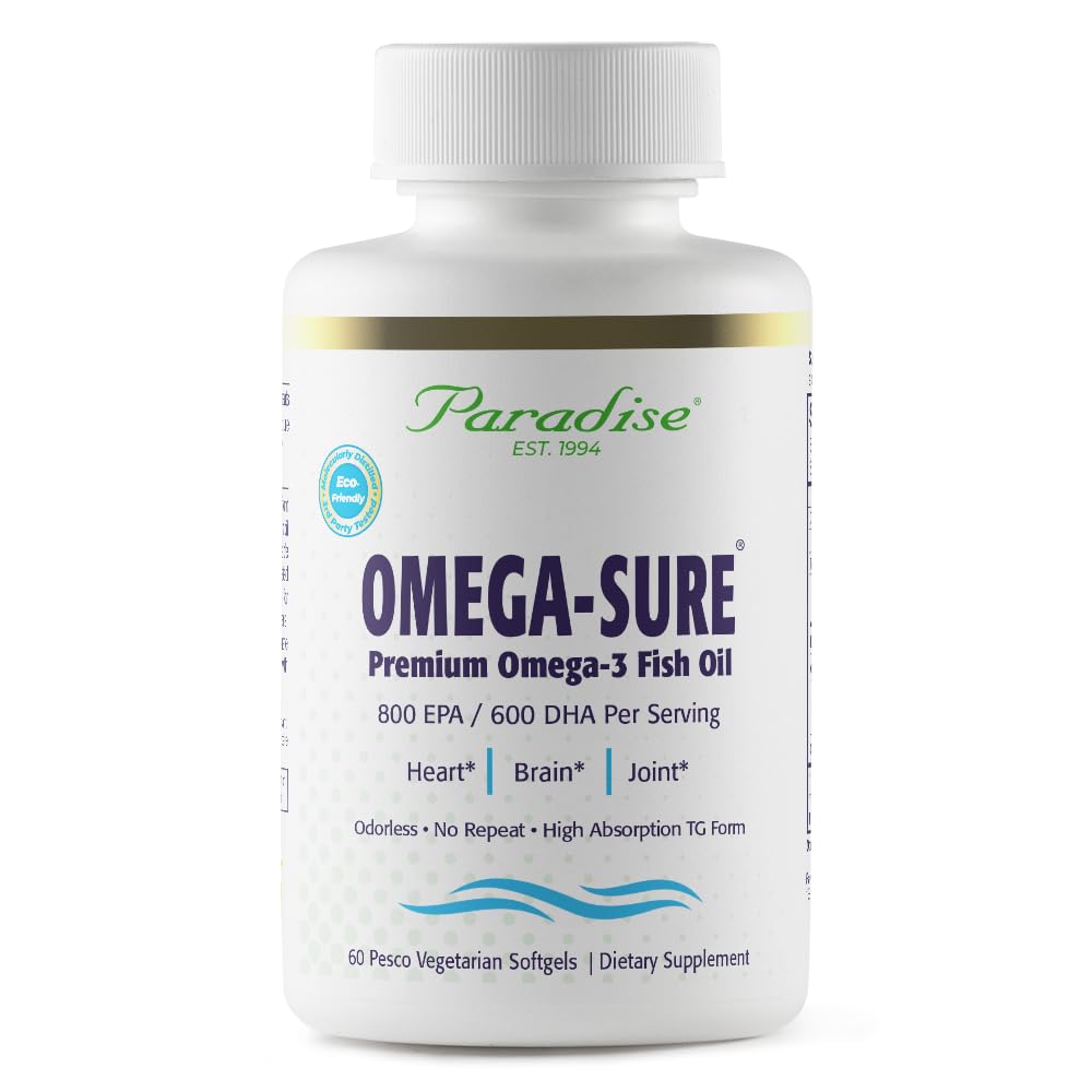 Las hierbas paradisiacas Omega-Sure, Concentrate Omega-3, Aceite de pescado Premium, DHA, EPA, Vegan, No GMO, Gluten Gratis, 60 Conde Vegetarian Softgels