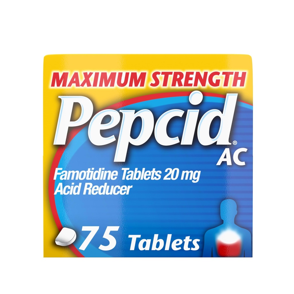 Pepcid AC Maximum Strength Heartburn Relief Tablets, OTC Medicine Prevents ' Relieves Heartburn Debido a la indigestión ácida, 20mg Famotidine Acid Reducer, Fast-Acting, 75 Ct