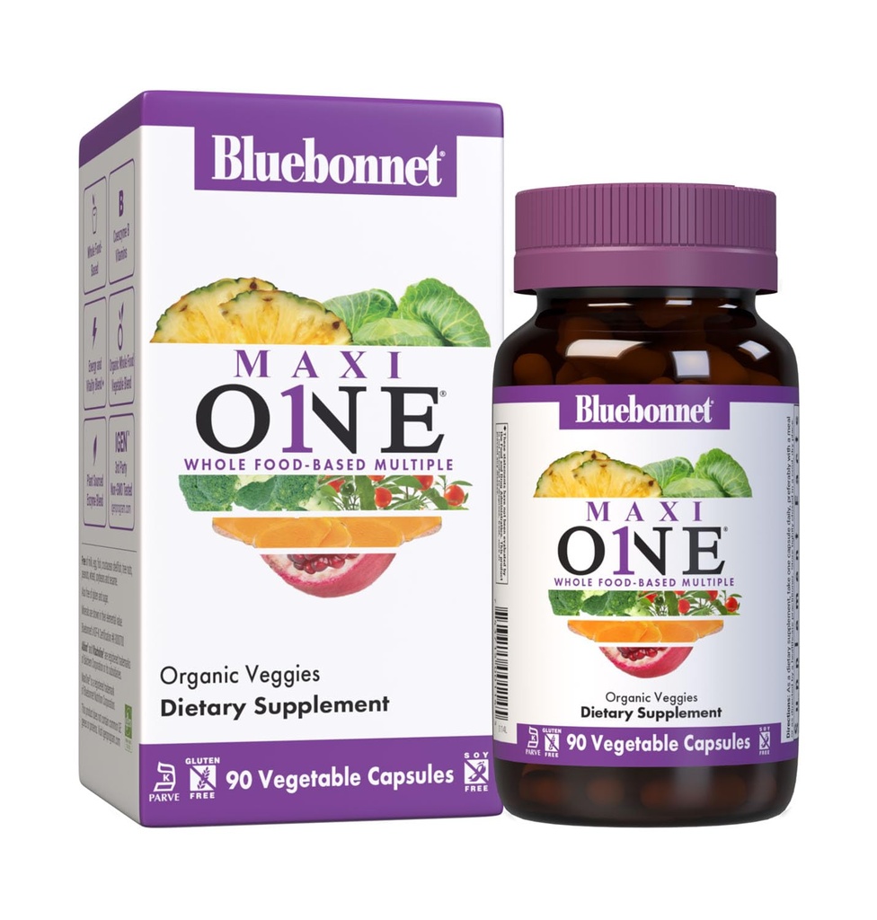 Bluebonnet Nutrition Maxi One (con hierro), Whole Food Multiple, Enzymes, Energy, Vitality, Gluten-Free, Kosher, Dairy-Free, Vegetarian Friendly, Soy-Free, Non-GMO, 90 Vegetable Capsule, 3 Month Supply, Beige