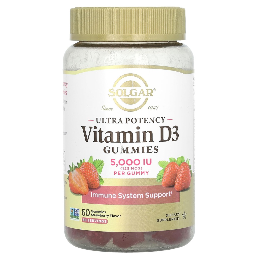 Solgar Vitamina D3 Gummies for Adults 5,000IU Ultra Potency Vitamin Immune System Support for Women &amp; Hombres - Tasty Strawberry Flavor, Gluten & Gelatin Free Gummy, 2 Month Supply, 60 Servings, 2g Sugar