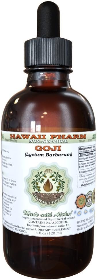 Goji Extracto líquido libre de alcohol, Goji orgánico (Lycium Barbarum) Dried Berry Glycerite Hawaii Pharm Natural Herbal Suplemento 4 oz
