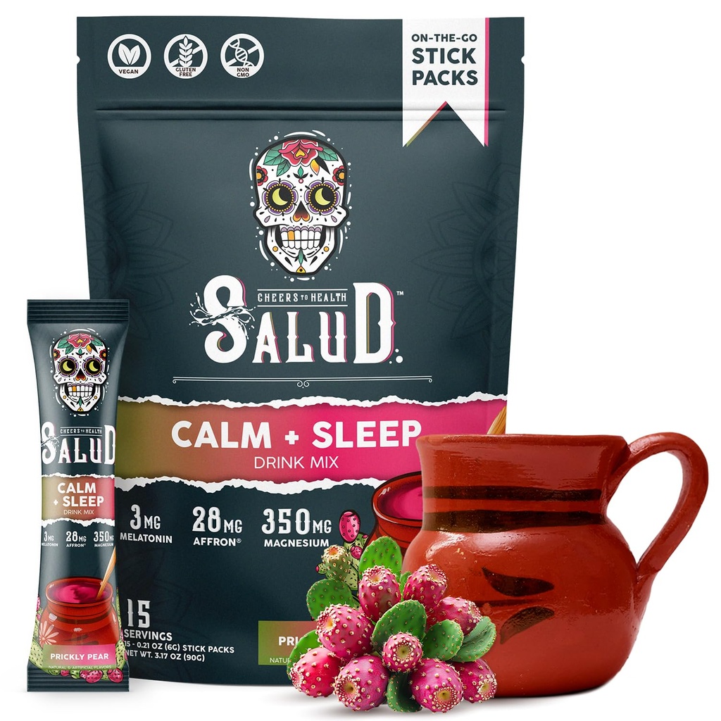 Salud 2-en-1 Sleep Aid + Calm Drink Mix, Prickly Pear Flavor, Melatonin, Magnesium, Saffron Extract, L-Theanine, Non-GMO, Gluten Free, Vegan, Low Calorie, 1g of Sugar (15 Servings)