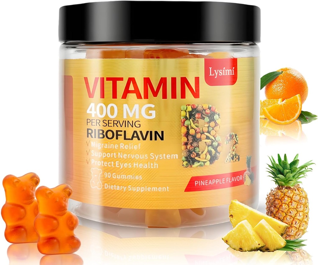 Vitamina B2 Gummies, Vitamina B2 Riboflavin Gummies 400mg con Magnesium & Coq10, Migraine Relief & Headache Relief, para Adultos Infantiles, 90 Gummies Chewable (1)