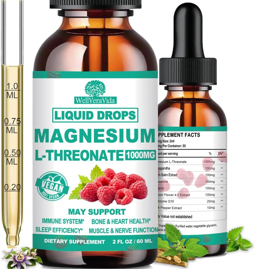 Magnesium L-Threonate Liquid, Triple Magnesio del sueño Threonate w. Apigenin, Theanine, Lemon Balm High Absorption Liquid Magnesium Threonate Suplemento para Cortisol Detox Sleep Memory Calm Brain Nerve