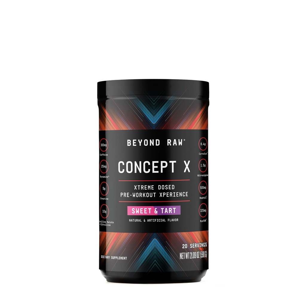 BEYOND RAW Concept X, Powder Pre-Workout, Contiene Caffeine, L-Citrulline, Creatine y Beta-Alanine, Sweet &amp; Tart Flavor, 20 Servimientos