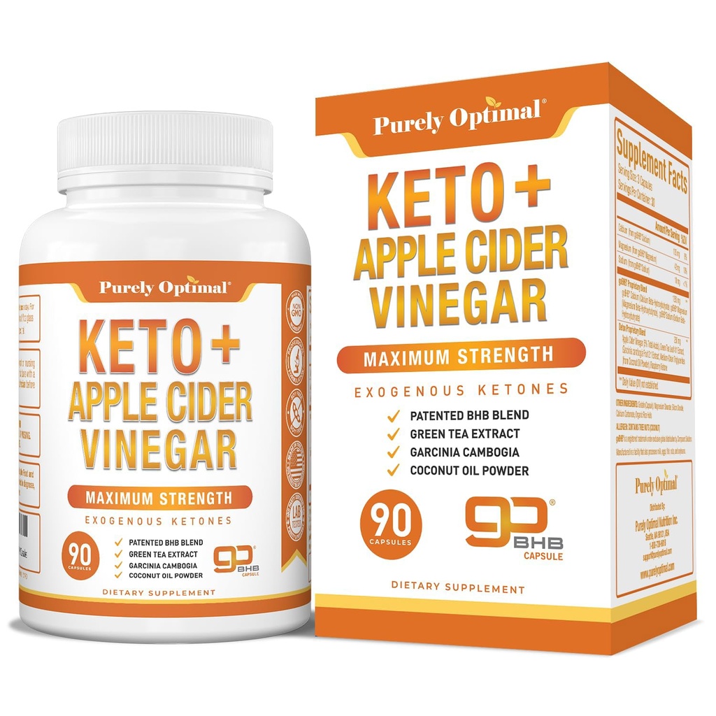 Purely Optimal Keto BHB &amp; Apple Sider Vinegar Capsules - Exogenous Ketones Suplemento con la madre para Ketosis Apoyo, Estilo de Vida Saludable &amp; Bienestar general - 90 cápsulas