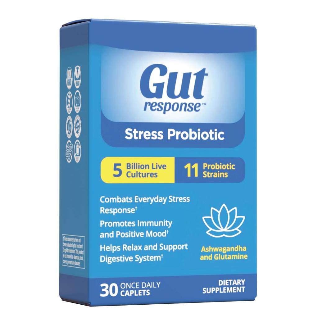 Estrés Probiótico para Hombres &amp; Mujeres, Disminuye el envejecimiento Digestivo, Boost Immune System, promueve la calma, Ashwagandha, L-Glutamine, Non-GMO, Gluten Free & Vegan, 5 Billones CFU, 30 Caplets