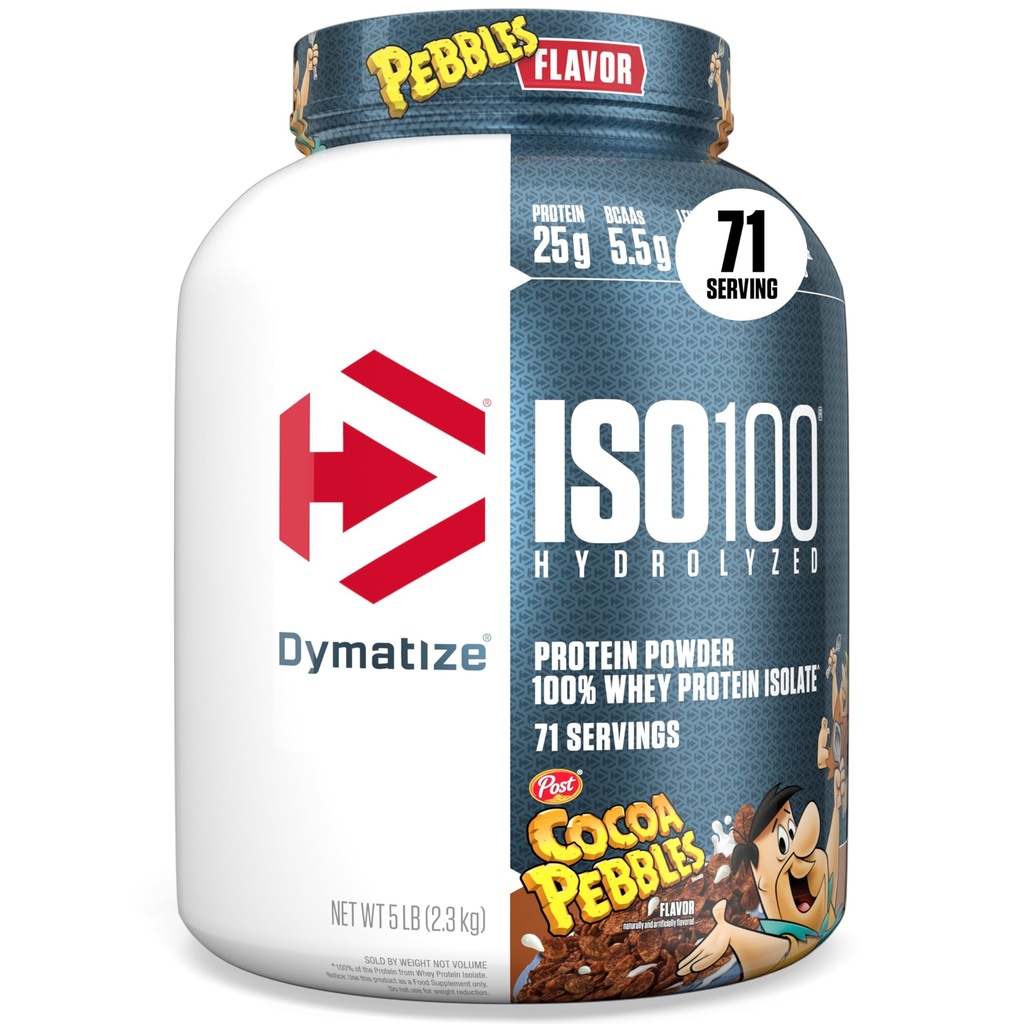Dymatize x Cocoa Pebbles ISO100 Whey Protein Powder Isolate, 25g de Protein, 5.5g BCAAs, 120 Cal., Gluten Free, 1g Fat, 1g Sugar, 2g Carb (71 Servings)