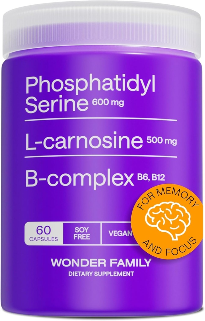 Phosphatidylserine 600mg & L-Carnosine 500 mg con vitamina B6, B12 & Folate – Lecitina de girasol no soy - Complejo de fosfolípido cerebral – Suplemento nootrópico de apoyo Focus " Memory – 60 cápsulas