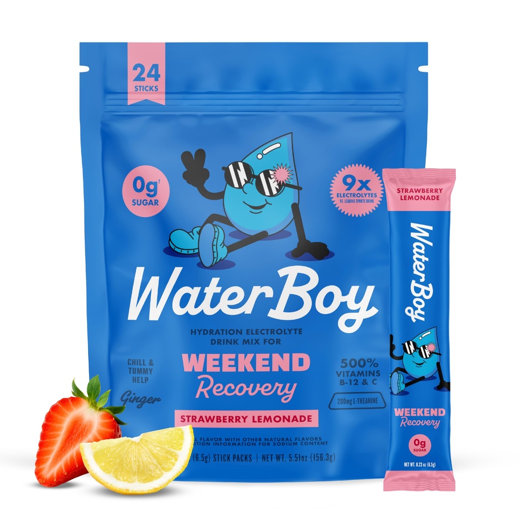 Waterboy Weekend Recovery ← 3,200mg Electrolyte Powder Packets  Ginger + L-Theanine + Vitamins ← No Sugar, All Natural, Gluten Free ← 24 Drink Stick Mixes (Strawberry Lemonade)