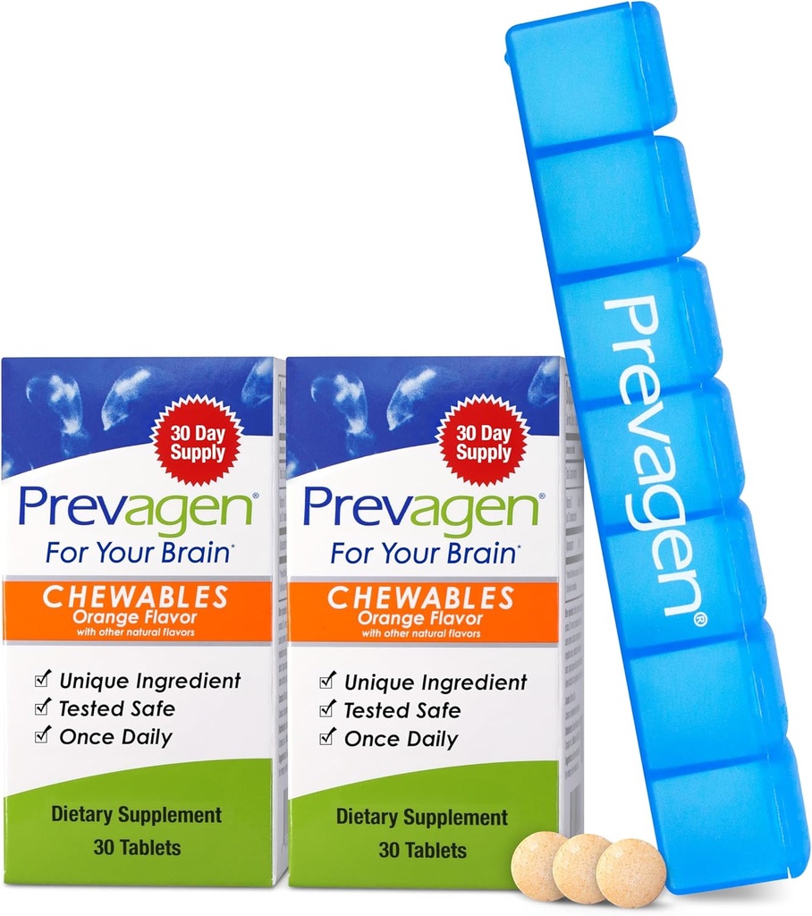 Prevagen Regular Strength Orange Chewables - 60 Tabletas (2 Mes de Suministro) Silencio Formulado para Su Cerebro Silencio 10 mg de Apoaequorin Plus Vitamina D3 con 7-Day Pill Minder