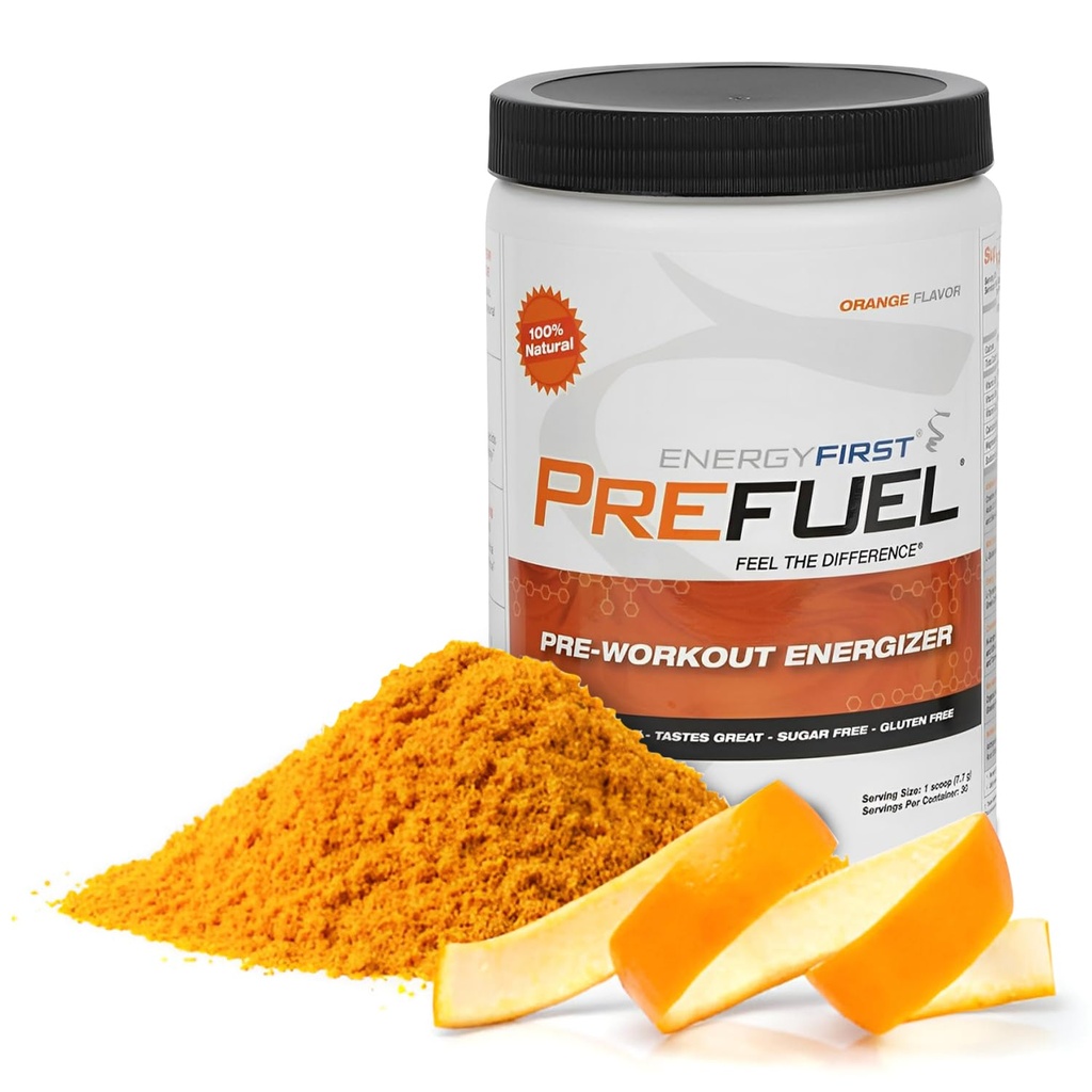 EnergyFirst Prefuel Vegan Pre-Workout Powder, Zero Sugar, All-Natural Energizer con Immune Support Orange Flavor, 30 Servimientos para el máximo rendimiento de entrenamiento