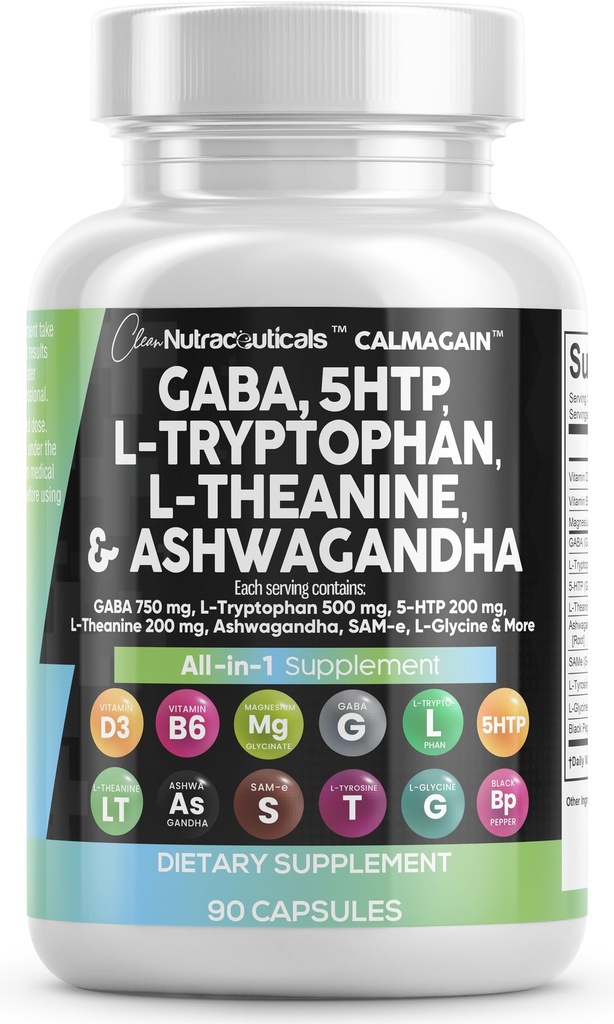 Nutracéuticos limpios GABA 750mg 5 HTP 200mg L Tryptophan 500mg L Theanine 200mg Ashwagandha SAM-e L-Glycine - Mood Support Vitaminas para Mujeres y Hombres con L-Tyrosine 5-HTP (5-Hydroxytryptophan)