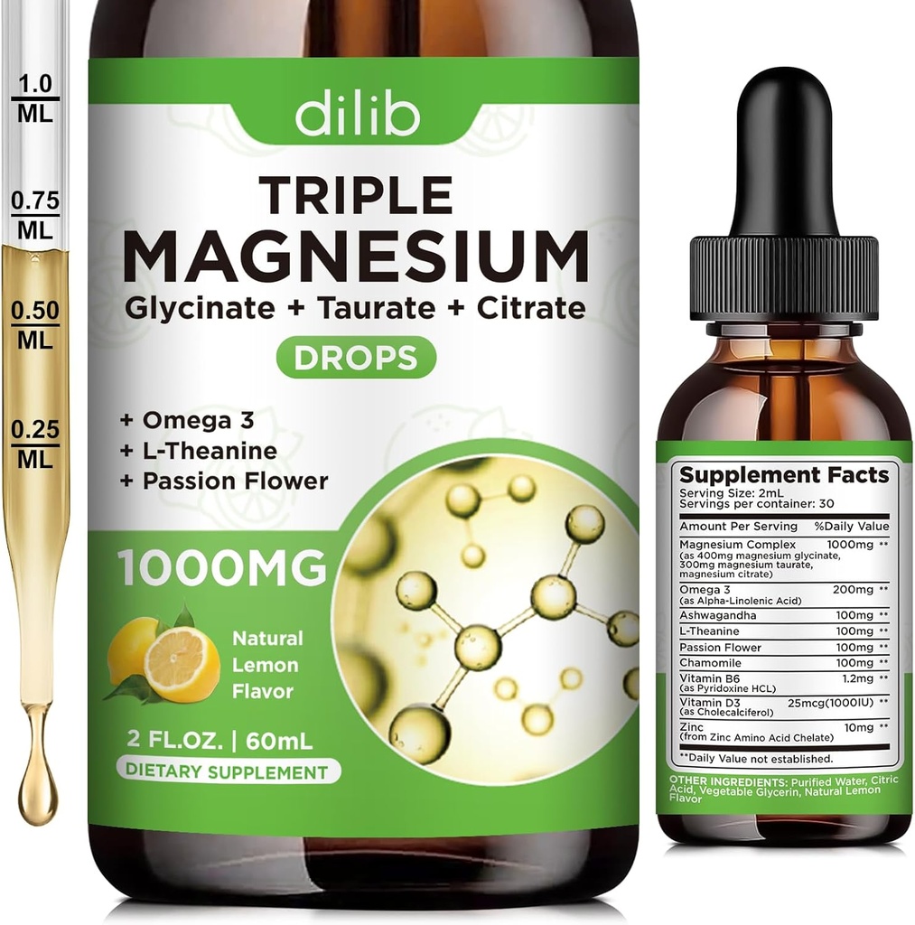 Suplemento Glycinate de magnesio líquido 1000mg, Citrato de magnesio calma, gotas de Taurate con Omega 3, Zinc, Ashwagandha, L-Theanine, Chamomile para el sueño, Mood, Stress Relief, Bone, Muscle, Lemon Flavor